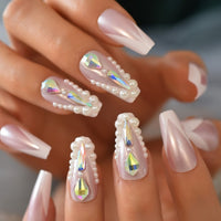 Trapezoid French Nail Crystal AB Shine Decorative False Nails Long Ballerina Rhinestones Press On Fingernail - Divine Diva Beauty