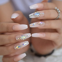 Trapezoid French Nail Crystal AB Shine Decorative False Nails Long Ballerina Rhinestones Press On Fingernail - Divine Diva Beauty