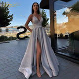 Sexy V Neck Satin Evening Dresses Spaghetti Strap Side Slit Dress plus size avail - Divine Diva Beauty