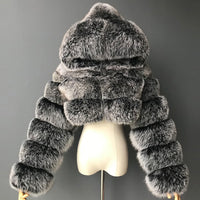 outerwear Winter Faux Fur Cropped Coat Fluffy Zip Hooded Warm Short Jacket - Divine Diva Beauty