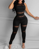 Casual Sheer Mesh Thick Strap Sleeveless Skinny Jumpsuit Solid Sexy outerwear - Divine Diva Beauty