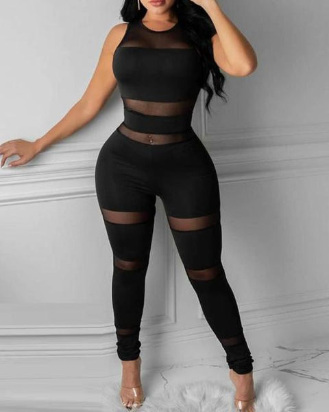 Casual Sheer Mesh Thick Strap Sleeveless Skinny Jumpsuit Solid Sexy outerwear - Divine Diva Beauty