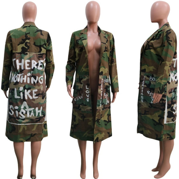 Letter Print Trench Women Camouflage Coat outerwear - Divine Diva Beauty