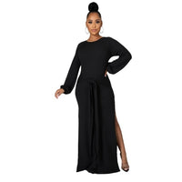 Casual Maxi Dresses Long Sleeve Sashes High Slit Dress - Divine Diva Beauty