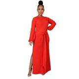 Casual Maxi Dresses Long Sleeve Sashes High Slit Dress - Divine Diva Beauty