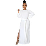 Casual Maxi Dresses Long Sleeve Sashes High Slit Dress - Divine Diva Beauty