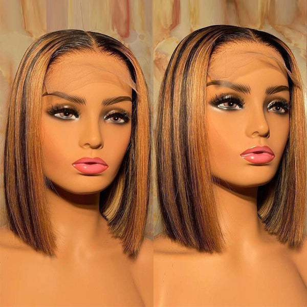 Highlight Wig Human Hair Bob Wigs 13x4 Lace Front Human Hair Wigs Brazilian Straight Remy Colored Short Bob Ombre Human Hair Wig - Divine Diva Beauty