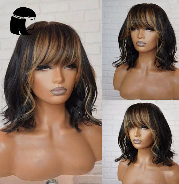 Highlight Honey Blonde Full Machine Made Wigs With Bangs #27 Color Remy Brazilian Short Bob Wavy Human Hair 150Density - Divine Diva Beauty