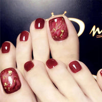 24Pcs Gold Foil Design False Toe Nails Gradient Wine Red Marble - Divine Diva Beauty