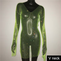 Sequin Mesh Patchwork Hollow Out Rhinestone Long Sleeve dress - Divine Diva Beauty