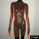 Sequin Mesh Patchwork Hollow Out Rhinestone Long Sleeve dress - Divine Diva Beauty