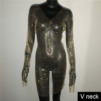 Sequin Mesh Patchwork Hollow Out Rhinestone Long Sleeve dress - Divine Diva Beauty