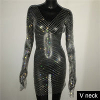 Sequin Mesh Patchwork Hollow Out Rhinestone Long Sleeve dress - Divine Diva Beauty