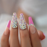 Rhinestones Nail Press Ons Extra Long Coffin 3d Designed Fake Nails Jewel Luxury Rosy Nude Royalty False Nail Tips - Divine Diva Beauty