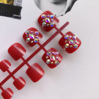 New Fashion Matte Rhinestone Red/Black/Pink Decoration Press on toenails full Drill handmade Flat toes fake nailsToes Nail 24Pcs - Divine Diva Beauty