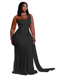 Long plus size avail Dress Solid One Shoulder Sleeveless Asymmetrical Collar Maxi Trumpet Dress - Divine Diva Beauty