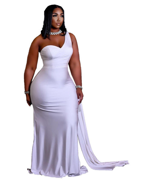 Long plus size avail Dress Solid One Shoulder Sleeveless Asymmetrical Collar Maxi Trumpet Dress - Divine Diva Beauty