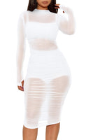 3 Piece Set Women Turtleneck Long Sleeve Ruched Mesh Dress + Straped Crop Top + Bodycon Shorts plus size avail - Divine Diva Beauty