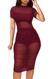 3 Piece Set Women Turtleneck Long Sleeve Ruched Mesh Dress + Straped Crop Top + Bodycon Shorts plus size avail - Divine Diva Beauty
