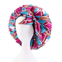 African Print Satin Bonnet With Long Ribbon Wrap Double Layer Headwrap Ankara Pattern Women Hair Cover Large Size Hair Wrap Cap - Divine Diva Beauty