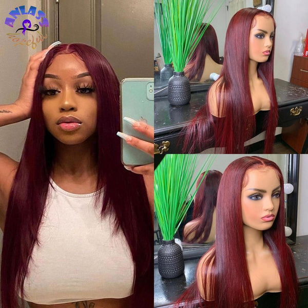 New Silky Straight  Lace Front Sintetica Middle Part Long Wine Red Wig For Women Heat Resistant Hair Lace Wig - Divine Diva Beauty
