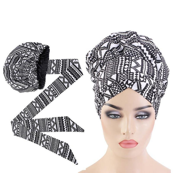 African Print Satin Bonnet With Long Ribbon Wrap Double Layer Headwrap Ankara Pattern Women Hair Cover Large Size Hair Wrap Cap - Divine Diva Beauty