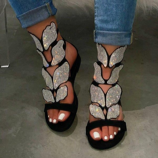 Rhinestone Sandal Women Butterfly Soft Non-slip Flat Shoes - Divine Diva Beauty