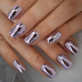 Shiny Punk Style Metallic Light Purple False Fake Nails Metal Plating Acrylic Short Reflective Mirror Press on Nail Art Tips - Divine Diva Beauty