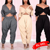 Plus Size  avail Cross Twist Drape V-neck Cropped Tops+high W Stacked Loose Pants - Divine Diva Beauty