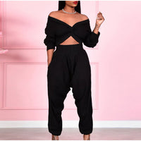 Plus Size  avail Cross Twist Drape V-neck Cropped Tops+high W Stacked Loose Pants - Divine Diva Beauty