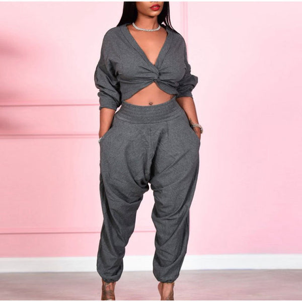 Plus Size  avail Cross Twist Drape V-neck Cropped Tops+high W Stacked Loose Pants - Divine Diva Beauty