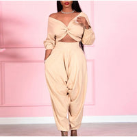 Plus Size  avail Cross Twist Drape V-neck Cropped Tops+high W Stacked Loose Pants - Divine Diva Beauty