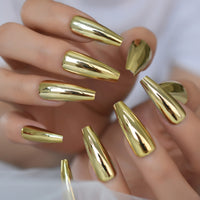 Metallic Coffin Nail Tips False Nails Long Ballerina Gold Mirror Fake Nails Press On Full Set For Fingernail Decorations - Divine Diva Beauty