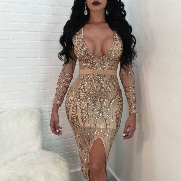 Sexy Sheer Glitter Sequin Party Dresses Women Long Sleeve Plunge V Neck Front Split See Through Sparkly Bodycon Dress Clubwear - Divine Diva Beauty