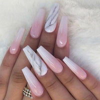 24pcs Detachable Pink Long Coffin False Nails Wearable Rhinestone Gradiant Ballerina Design Fake Nails Full Cover Press on Nail - Divine Diva Beauty