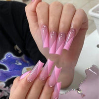 24pcs Detachable Pink Long Coffin False Nails Wearable Rhinestone Gradiant Ballerina Design Fake Nails Full Cover Press on Nail - Divine Diva Beauty