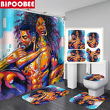 Black African American Couple Lover Bathroom Shower Curtain Afro Woman Washroom Non-slip Carpet Toilet Cover Bath Mats Rugs Set - Divine Diva Beauty