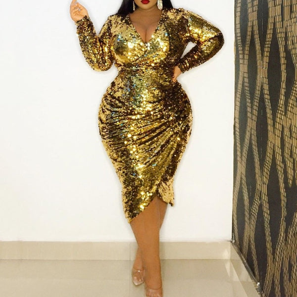 Midi Dresses Golden Party V-Neck Long Sleeve Plus Size avail - Divine Diva Beauty