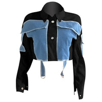 Long Sleeve Button Crop Top Patchwork Denim Jacket outerwear - Divine Diva Beauty