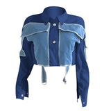 Long Sleeve Button Crop Top Patchwork Denim Jacket outerwear - Divine Diva Beauty