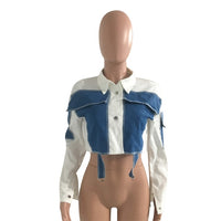 Long Sleeve Button Crop Top Patchwork Denim Jacket outerwear - Divine Diva Beauty