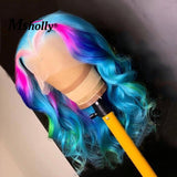 Blue Purple Highlight Wig 180Density Rainbow Wig 13x4 Lace Frontal Wig Ombre Colored Human Hair - Divine Diva Beauty