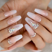 Long 3D Bling Glitter Pink Nude French Ballerina Coffin False Fake Nails Gradient Natrual Press on Party Finger Wear UV Nails - Divine Diva Beauty