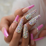 Long 3D Bling Glitter Pink Nude French Ballerina Coffin False Fake Nails Gradient Natrual Press on Party Finger Wear UV Nails - Divine Diva Beauty