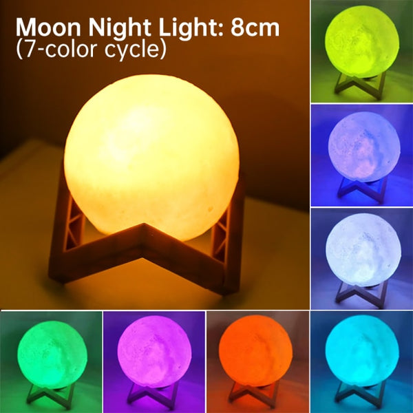 LED Night Light 3D Print Moon Lamp 8CM/12CM Battery Powered With Stand Starry Lamp 7 Color Bedroom Decor Night Lights Kids Gift - Divine Diva Beauty