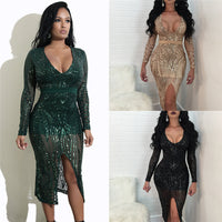 Sexy Sheer Glitter Sequin Party Dresses Women Long Sleeve Plunge V Neck Front Split See Through Sparkly Bodycon Dress Clubwear - Divine Diva Beauty