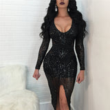 Sexy Sheer Glitter Sequin Party Dresses Women Long Sleeve Plunge V Neck Front Split See Through Sparkly Bodycon Dress Clubwear - Divine Diva Beauty