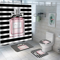 4 Pieces Black White Stripes Shower Curtains Sets With Carpet Toilet Mat 3D Print Perfume Bathroom Shower Curtain Bathroom Decor - Divine Diva Beauty