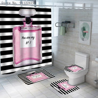 4 Pieces Black White Stripes Shower Curtains Sets With Carpet Toilet Mat 3D Print Perfume Bathroom Shower Curtain Bathroom Decor - Divine Diva Beauty