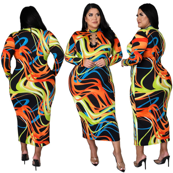 Tight Sexy Hollow Out Round Neck Long graphic dress plus size avail - Divine Diva Beauty